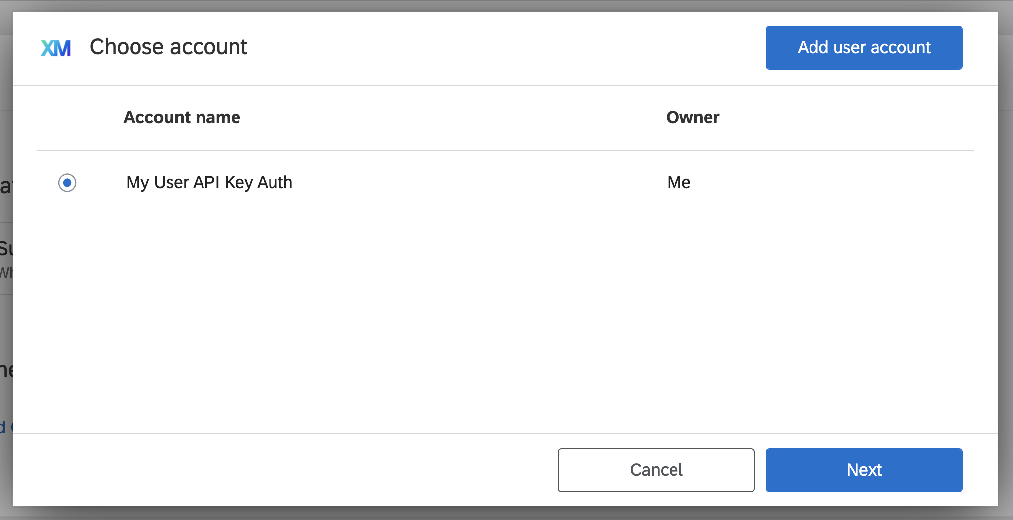 Choose account screen with new account