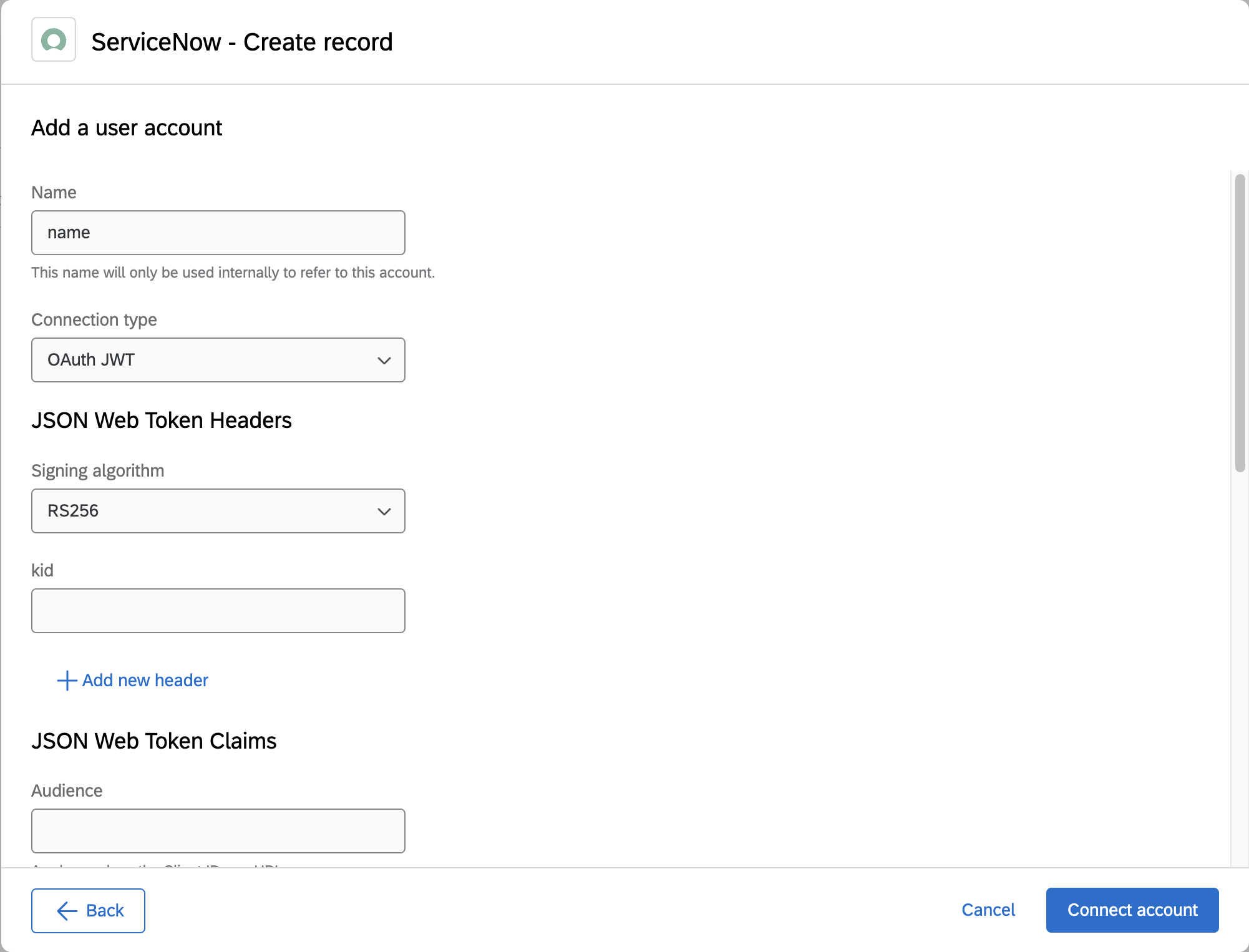 OAuth2ClientJWT account screen